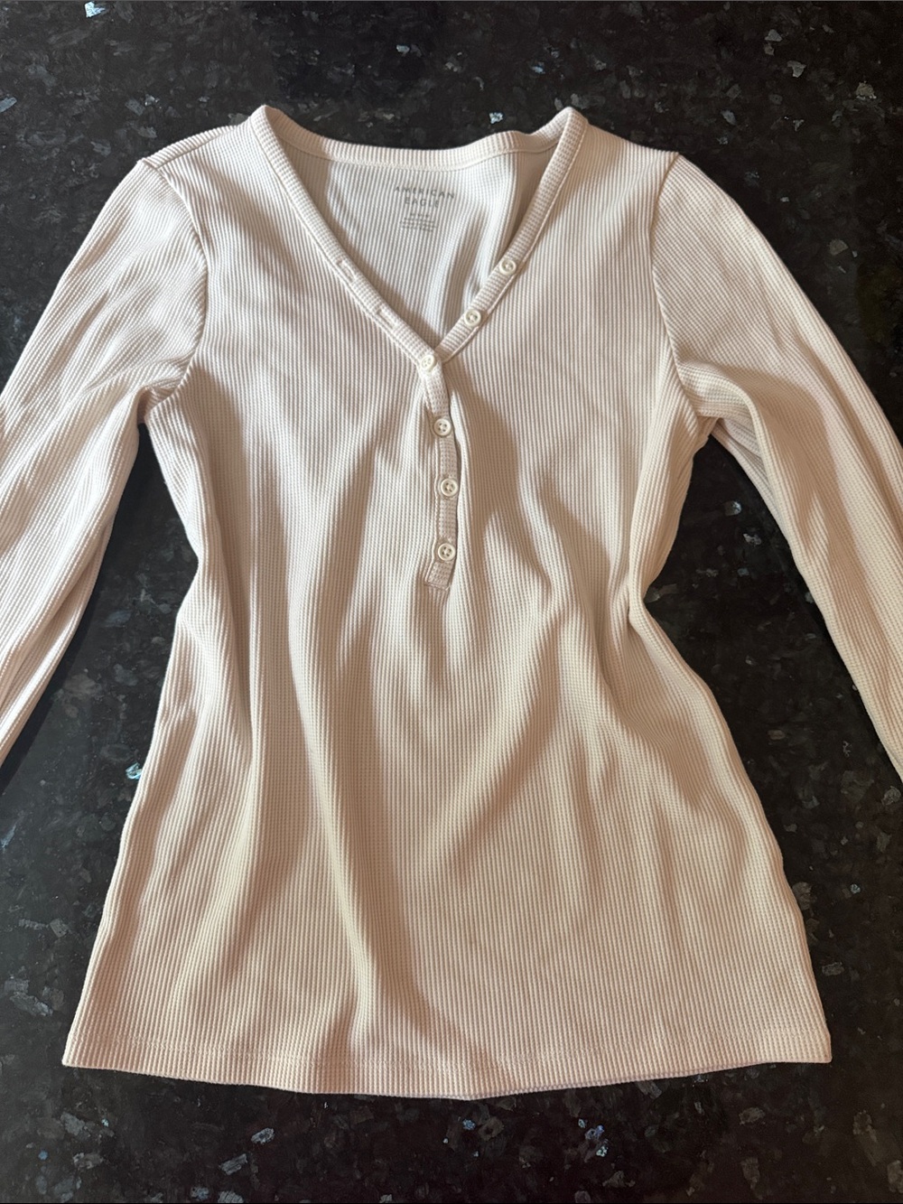 American Eagle Outfitters Ribbed Henley Top in Soft Blush Beige